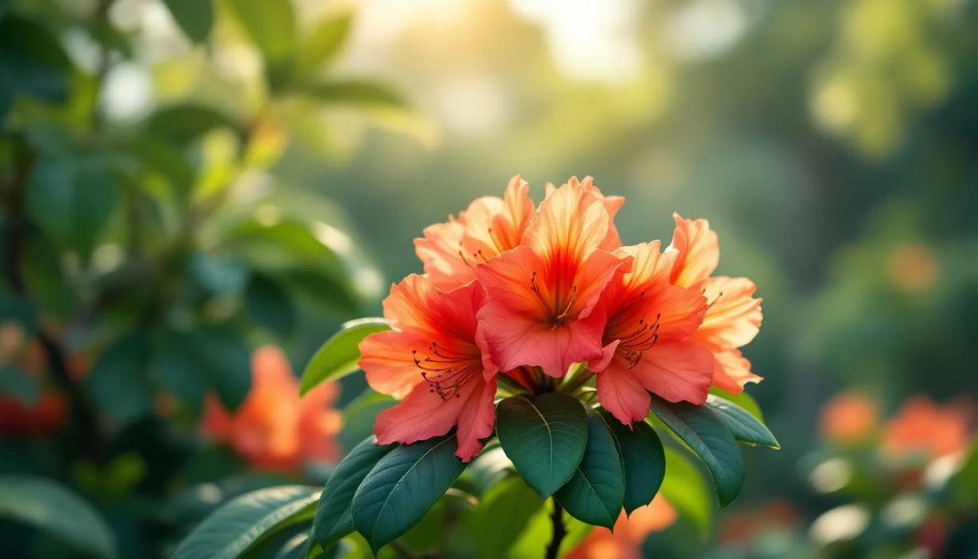 Close-up of vibrant red-orange rhododendron flowers in full bloom with dark green elliptical leaves, soft dappled mornin