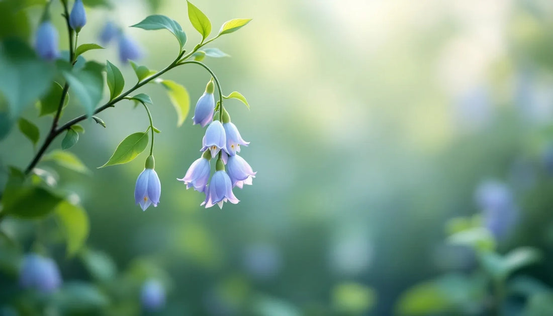 Alpine climbing vine with delicate bell-shaped lavender-blue flowers hanging from thin stems, green foliage in soft focu