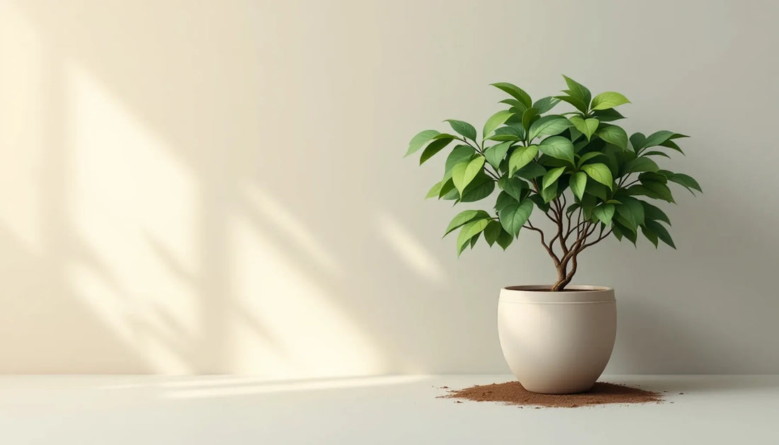 Clean flat illustration of a potted ornamental shrub with detailed green foliage against a soft neutral background, 35mm