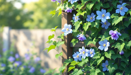 Alpine clematis plant with delicate bell-shaped blue and purple flowers on climbing vines, green foliage, growing on a w