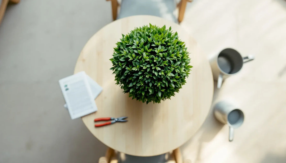 Wide overhead view of a potted topiary in spherical form with deep green foliage, placed on a light wooden garden table 