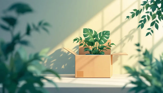 Flat illustration of a cardboard shipping box with protective wrapping and a potted plant inside, surrounded by botanica