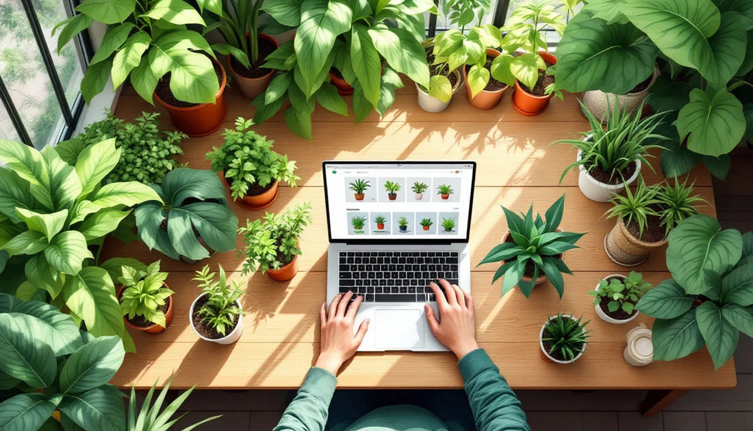 Flat illustration of a garden scene viewed from above, showing diverse potted plants arranged on a wooden table with a l