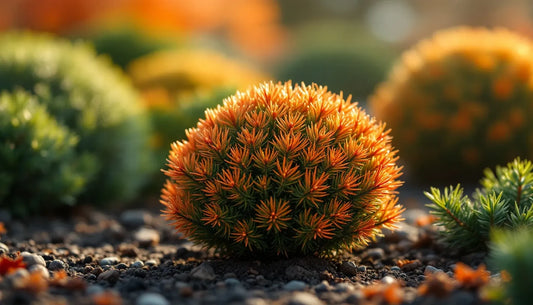 Close-up of a compact, spherical evergreen shrub with dense needle-like foliage in warm orange-red spring growth tones t
