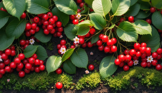Close-up overhead view of bright red lingonberry berries clustered on dark green glossy foliage, with delicate pink-whi