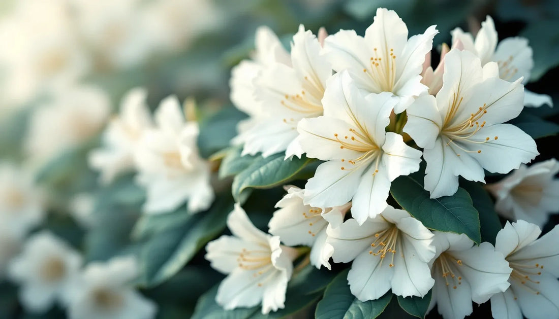 Close-up of white rhododendron flowers with pale yellow throat markings, clusters of blooms on dark green foliage, soft 