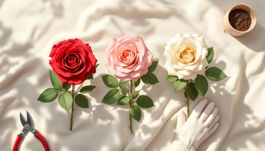 Overhead flat-lay composition of three potted garden roses in different colors (red, pink, cream) on natural linen fabric