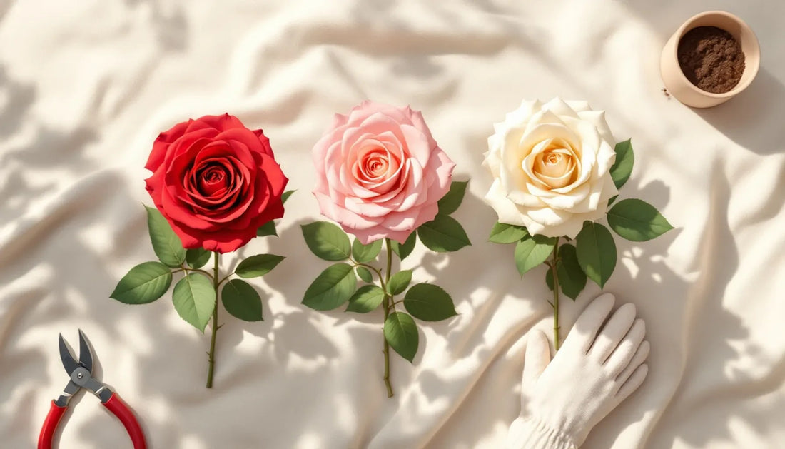 Overhead flat-lay composition of three potted garden roses in different colors (red, pink, cream) on natural linen fabri