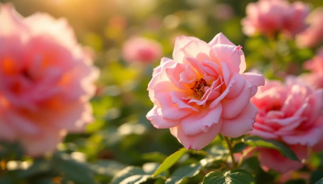 Close-up of blooming roses in a garden bed, morning sunlight filtering through petals, soft focus background with green 