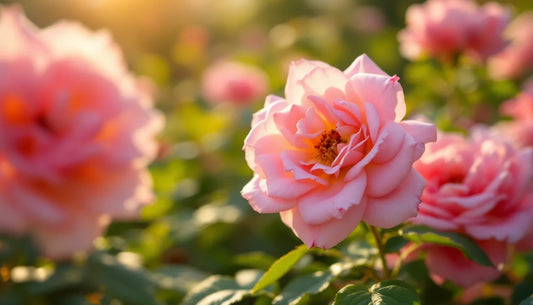 Close-up of blooming roses in a garden bed, morning sunlight filtering through petals, soft focus background with green 
