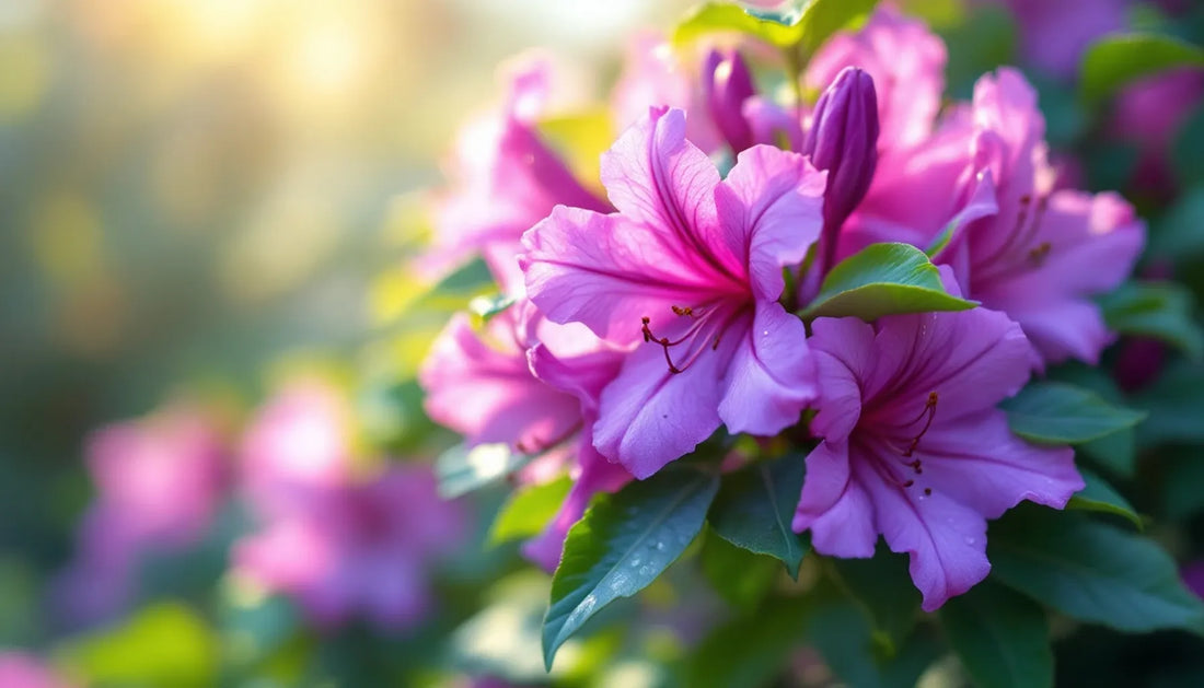 Close-up of vibrant purple and pink azalea blossoms in full bloom on a green shrub, morning dew on petals, soft natural 